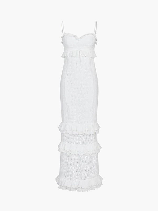 Cup Detail Layered Ruffle Eyelet Long Dress - AnotherChill