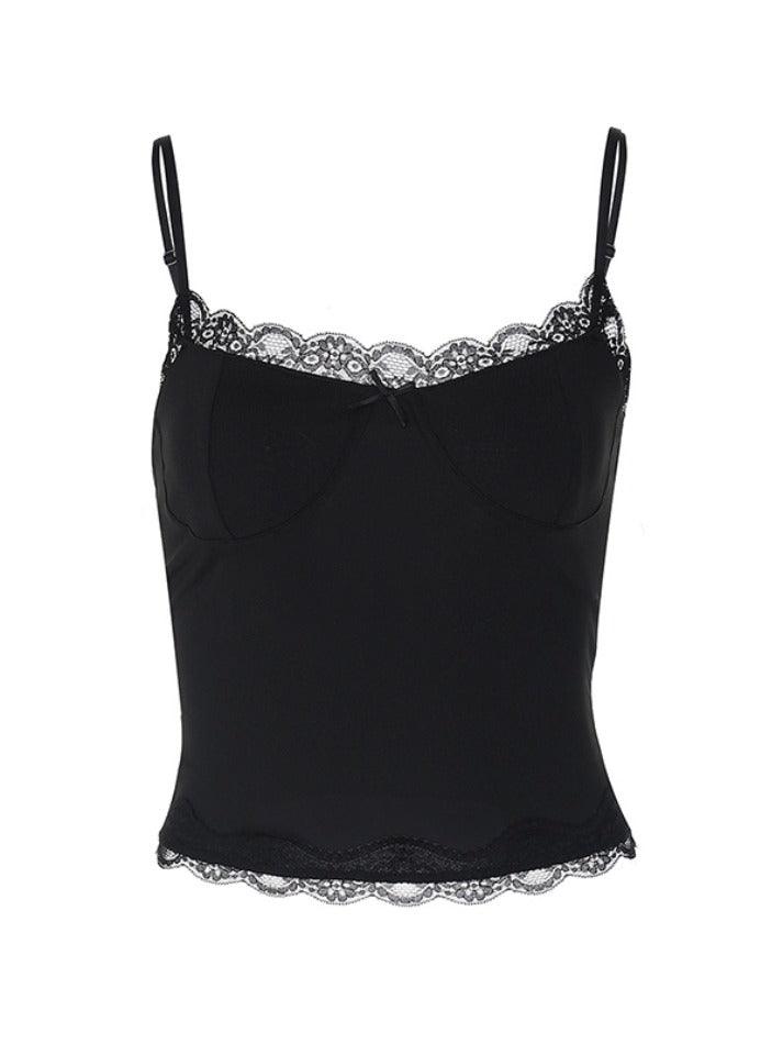 Lace Paneling Black Slim Fit Cami Top