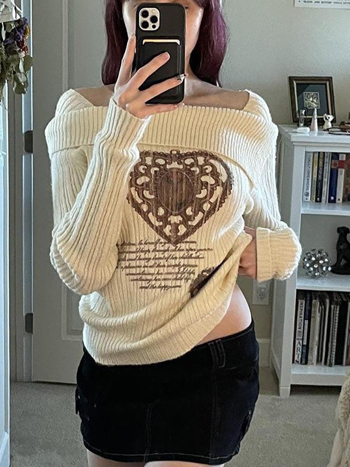 Vintage Print Irregular Neck Sweater