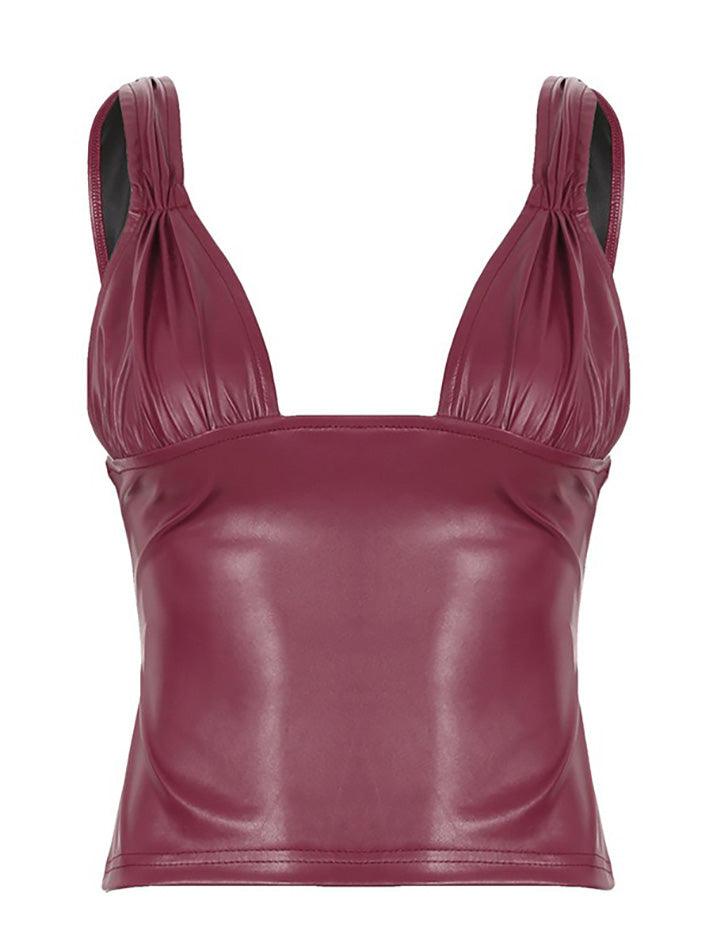 U-Neck Ruched Faux Leather Tank Top