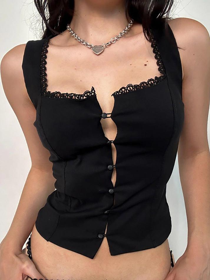 Lace Trim Button Front Tank Top - AnotherChill