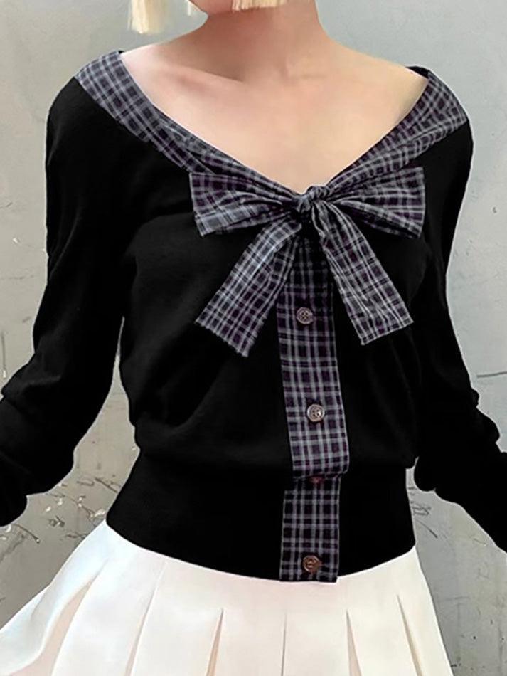 V-Neck Plaid Tie Bow Contrast Long Sleeve Top