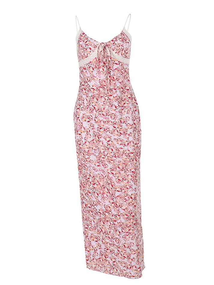 Floral Print Tie Front Maxi A-Line Dress - AnotherChill