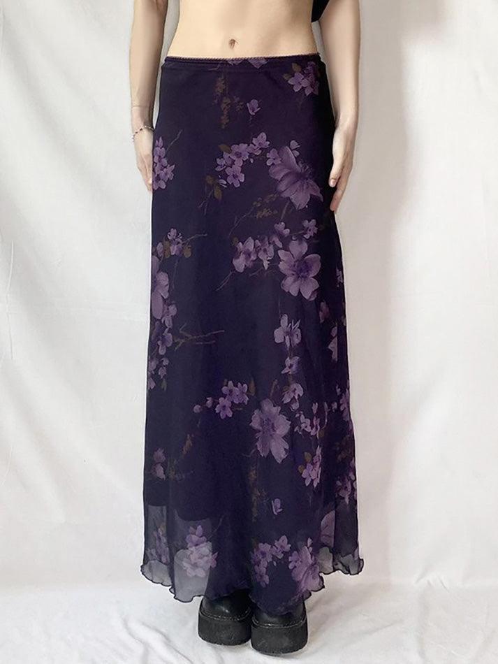 Purple Floral Print Mesh Maxi Dress