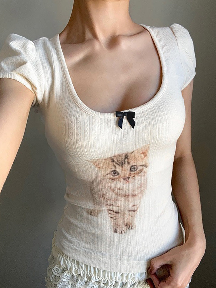 Cat Print Bow U Neck Tee