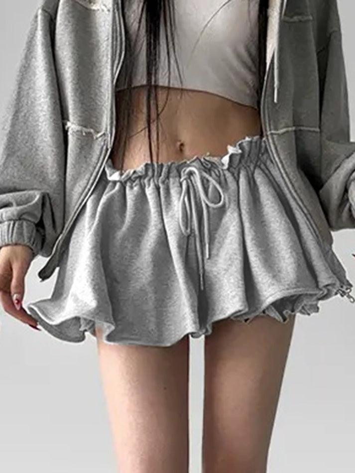 Basic Gray Drawstring Ruffle Trim Mini Skirt