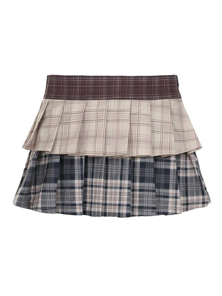 Vintage Contrast Plaid Double-Layer Pleated Skirt