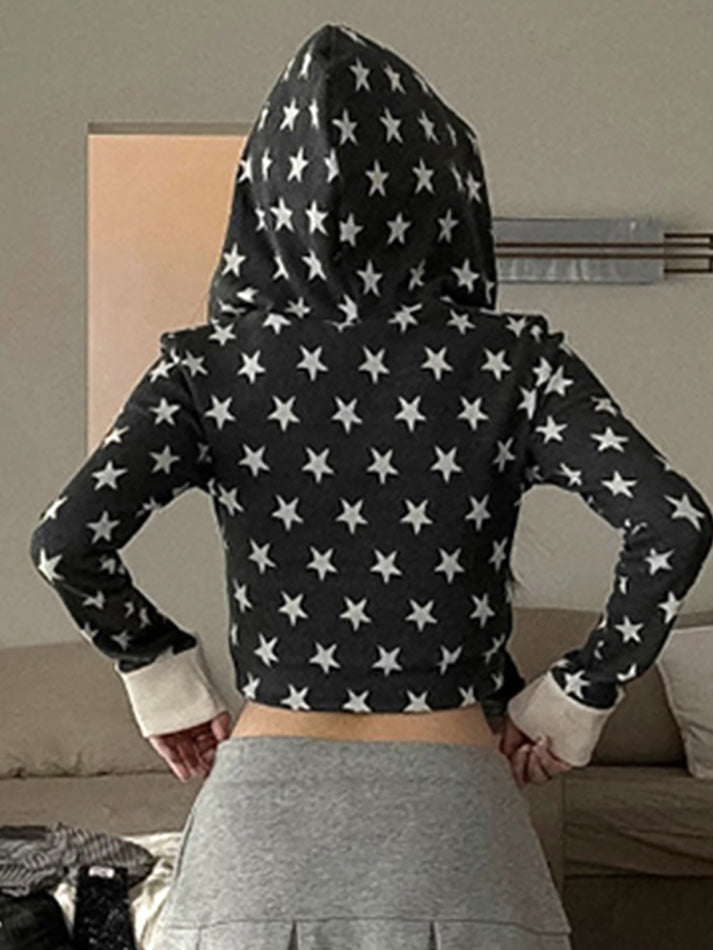 Star Print Contrast Zip-Up Hooded Sweatshirt