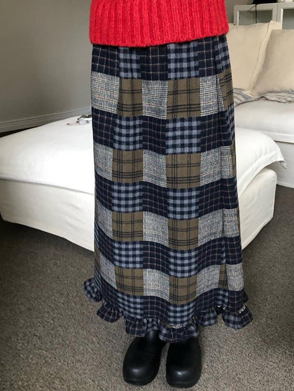 Vintage High Waisted Plaid Ruffle Skirt