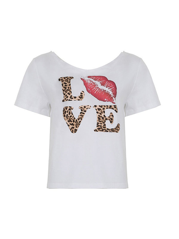 Leopard Letter Print V-Neck Tee