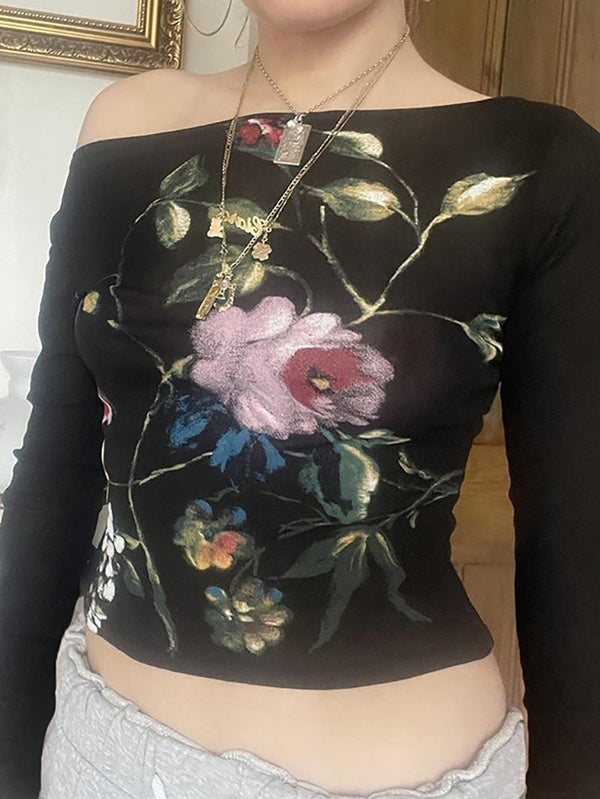 Vintage Floral Print Asymmetrical Neck Long Sleeve Top