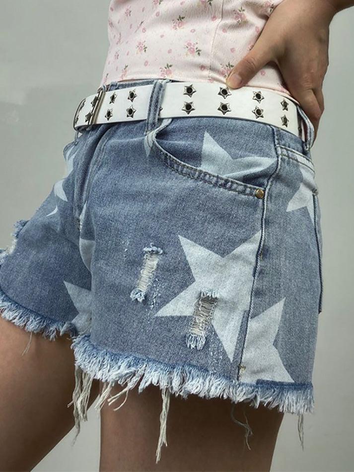 Random Star Print Ripped Low Rise Denim Shorts - AnotherChill