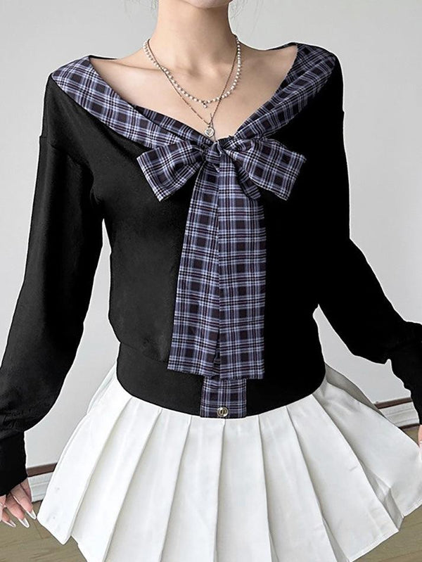 V-Neck Plaid Tie Bow Contrast Long Sleeve Top