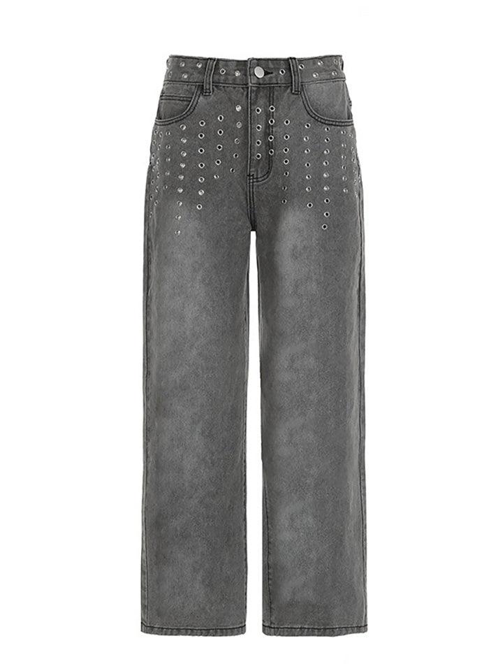 Washed Low Rise Baggy Grey Eyelet Jeans