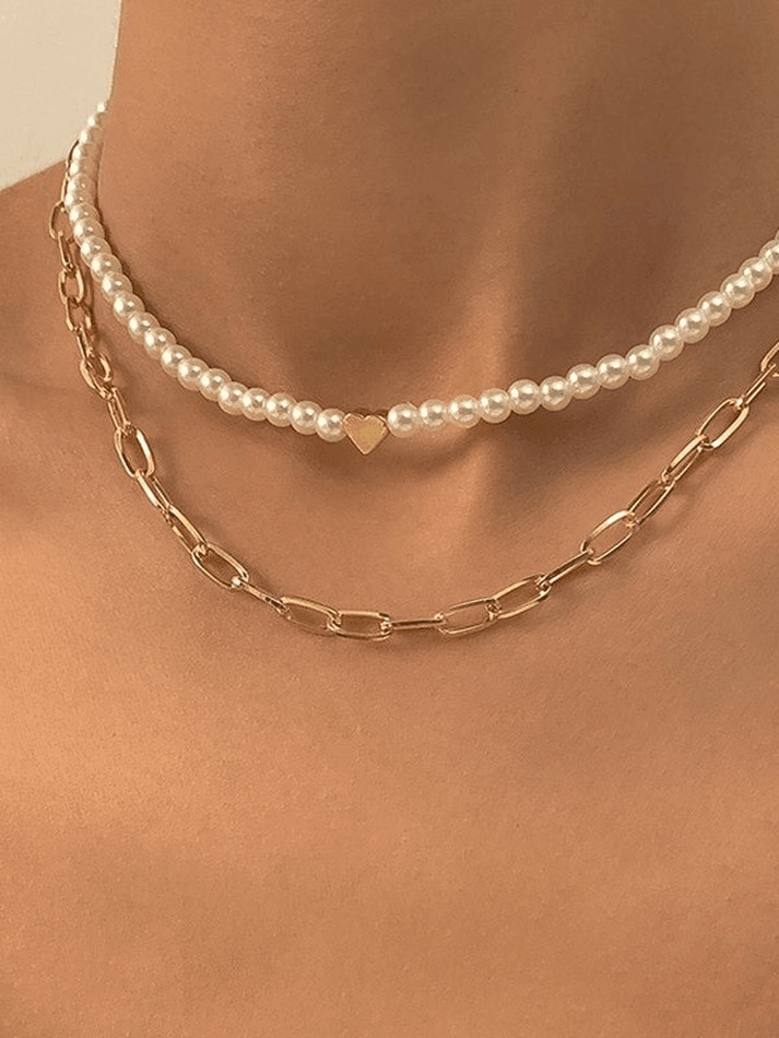 2Pcs Heart Faux Pearl Necklace - AnotherChill