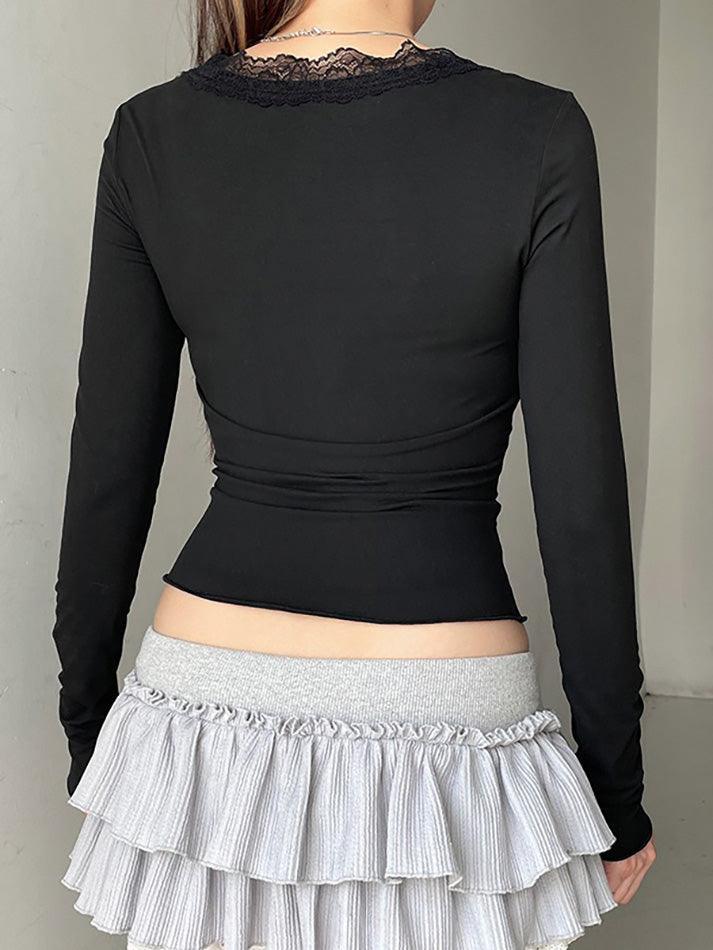 Lace Trim V-Neck Ruched Crop Top