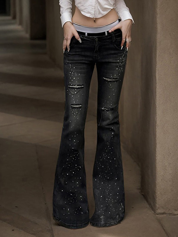 Rhinestone Ripped Low-Rise Flared Jeans