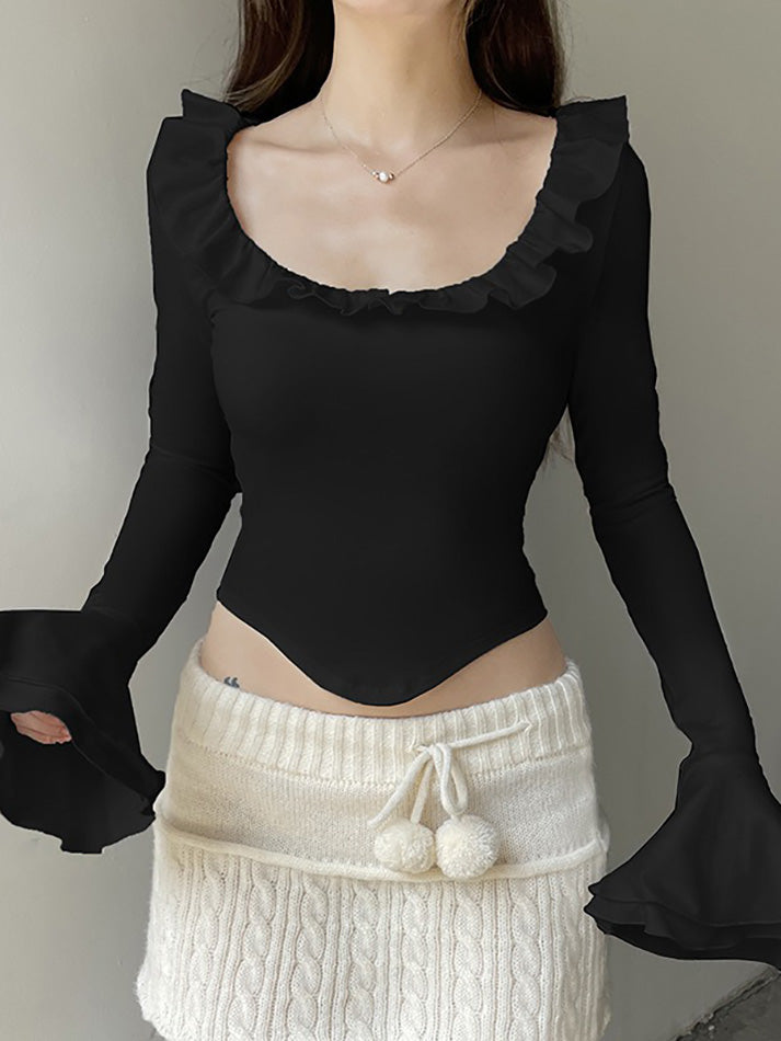 Ruffled Flared Long Sleeve Y2K Crop Top