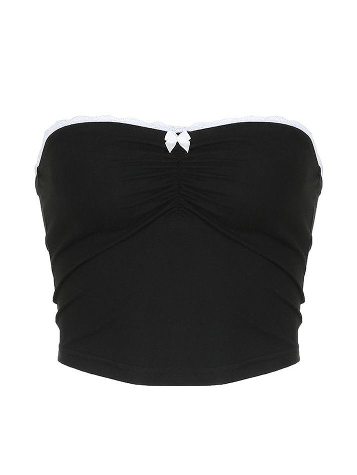 Ruffled Bow Lace Patchwork Solid Colour Tube Top - AnotherChill