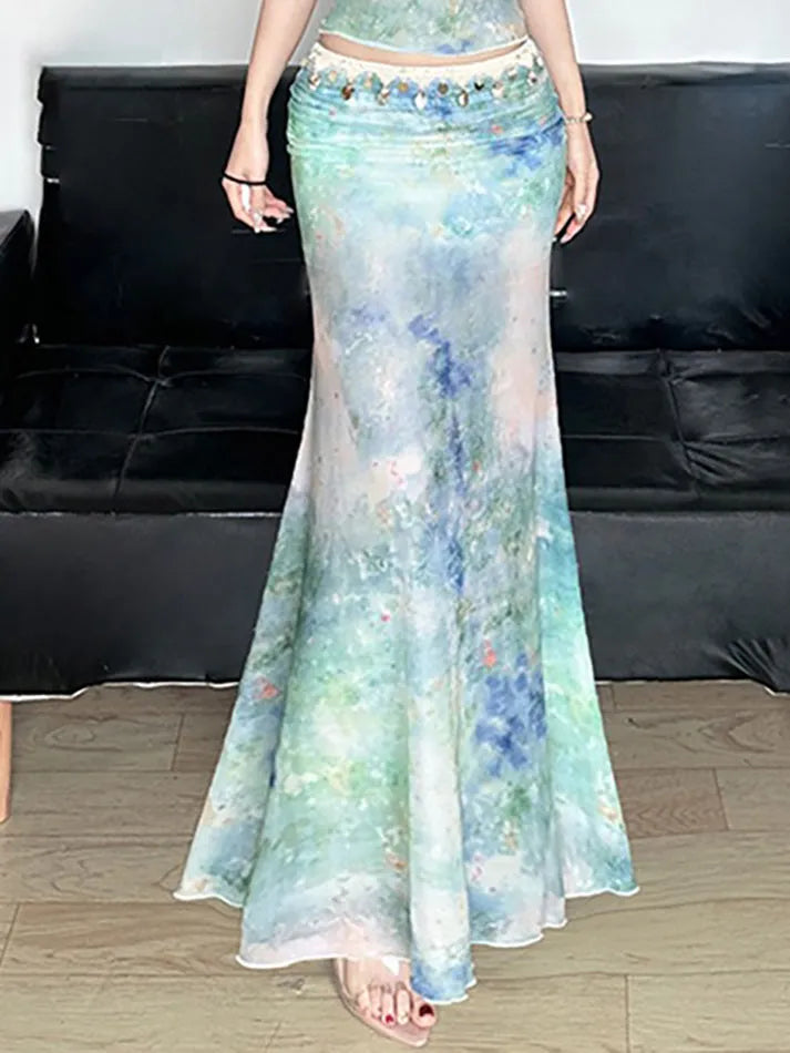 Tie-Dye Low-Waist Ruched Slim Maxi Skirt