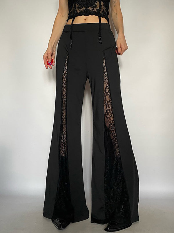 Solid Color Lace Trim Flared Pants