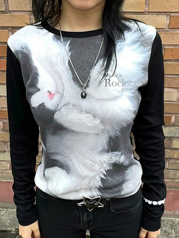 Cute Cat Print Crew Neck Knit Top