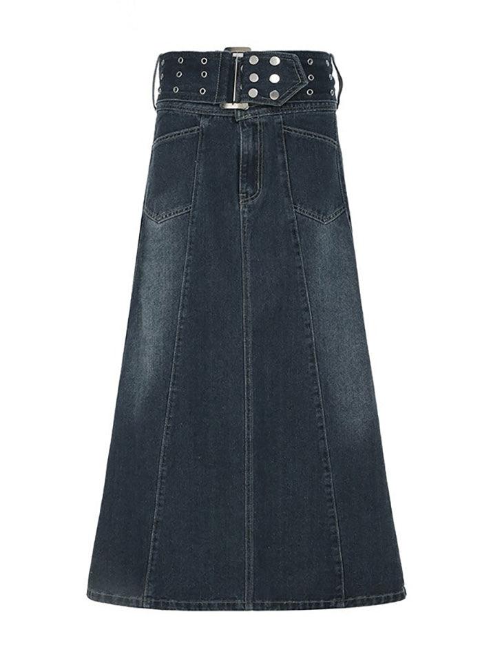 Vintage Eyelet Belt A-Line Denim Skirt