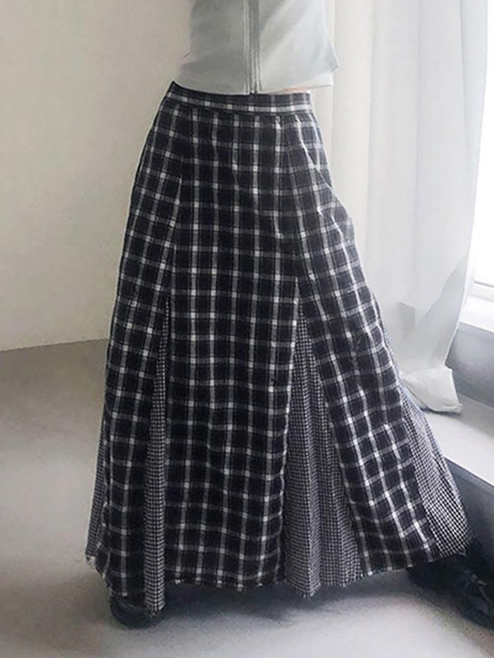 Vintage Contrast Patchwork A-Line Plaid Skirt