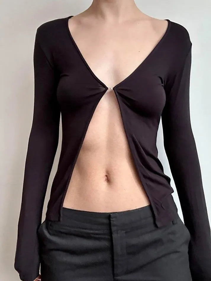 Solid V-Neck Split Slim Long Sleeve Top