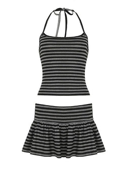 Halter Tie Contrast Backless Striped Two-Piece Set