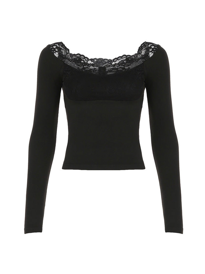 Lace Trim Collared Fitted Long Sleeve Top