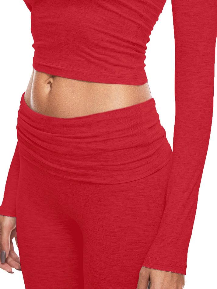 Long Sleeve Cropped Top Fold-over Flare Pants Set - AnotherChill