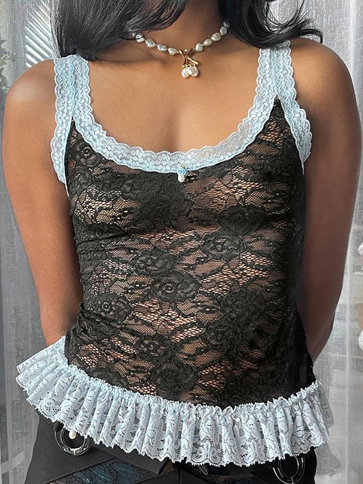 Lace Trim Sheer Mesh Cami Top