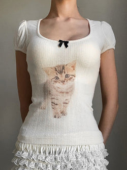 Cat Print Bow U Neck Tee