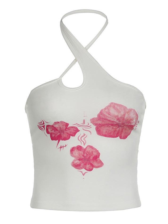 Cross Strap Flower Print Slim-Fit Crop Tank Top