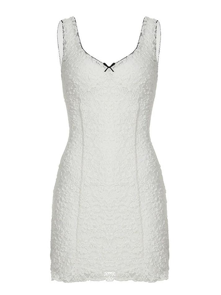 Contrast Lace Trim V-Neck Bow Double-Layer Dress