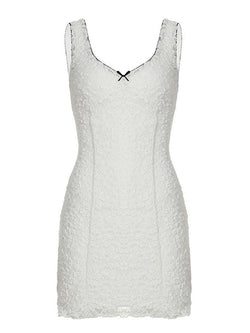 Contrast Lace Trim V-Neck Bow Double-Layer Dress