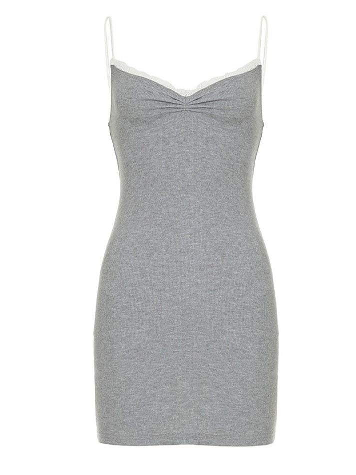 Gray Lace Trim V-Neck Cami Dress