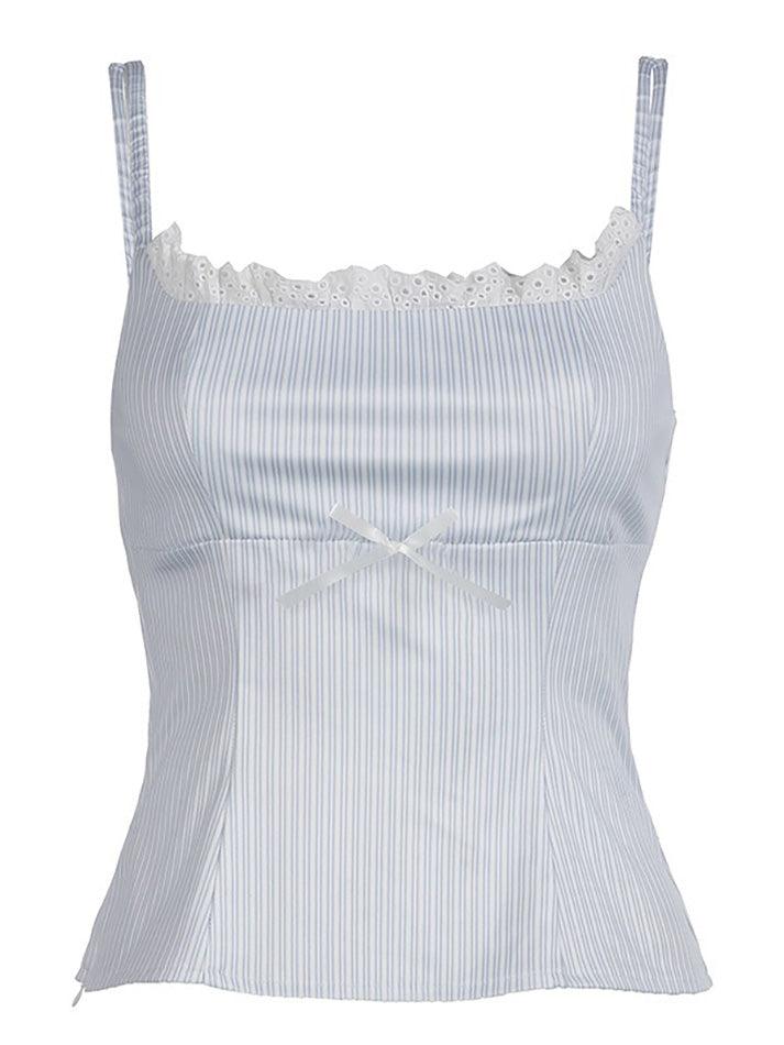 Lace-Trim Bow Accent Striped Slim-Fit Cami Top