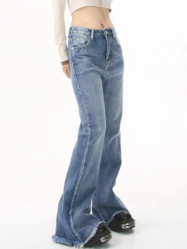 Mid Rise Raw Edge Slim Flare Jeans