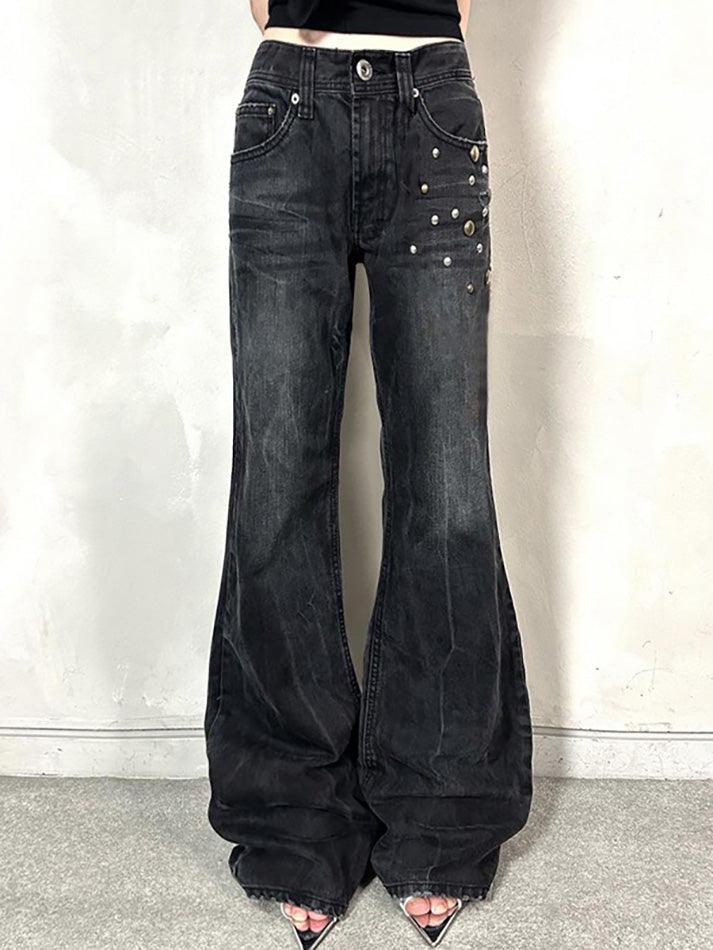 Vintage Washed Studded Flared Jeans