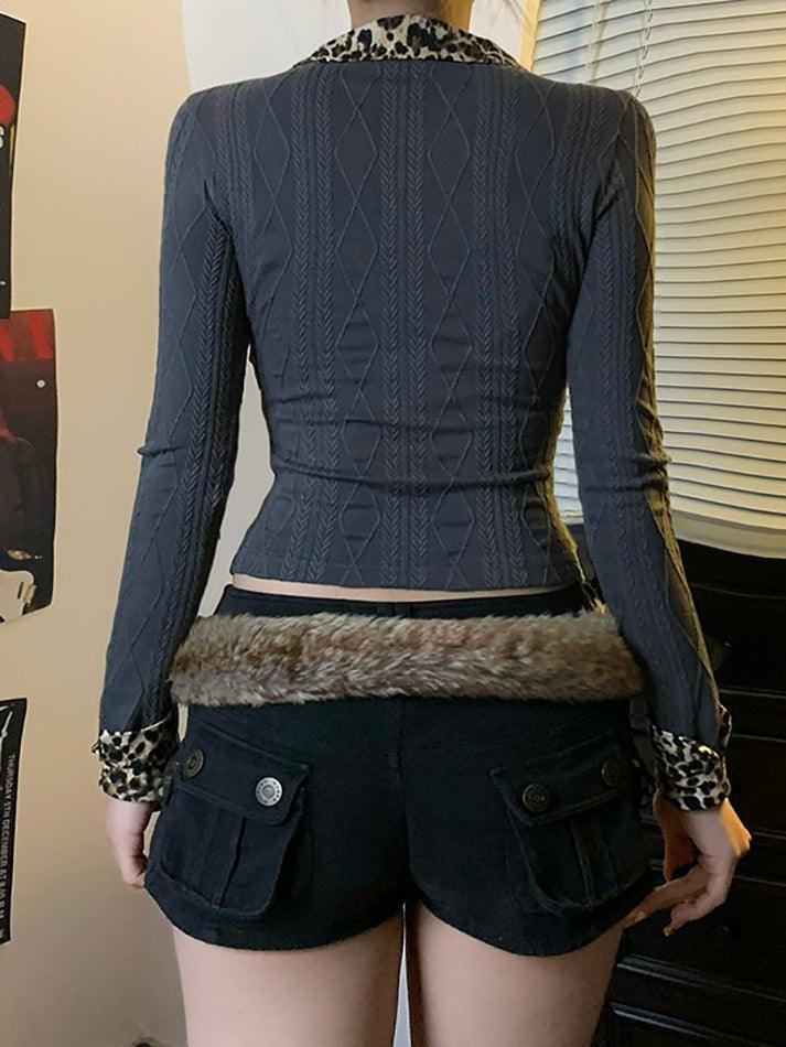 Leopard Print Collar Contrast Long Sleeve Top