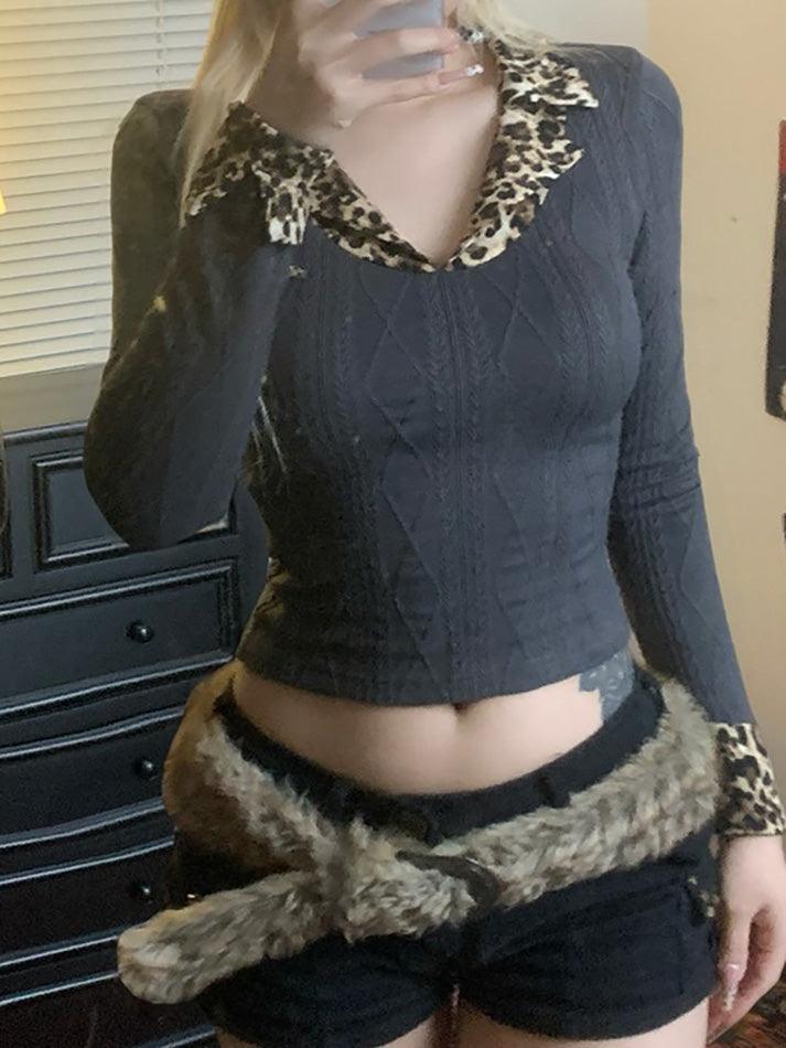 Leopard Print Collar Contrast Long Sleeve Top