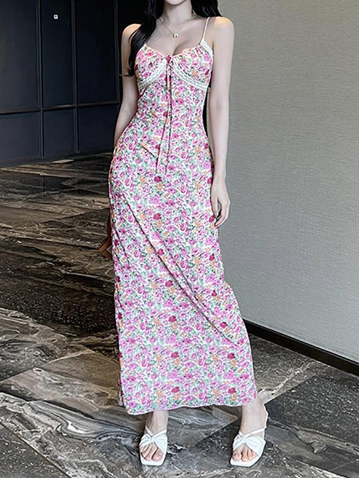 Floral Print Tie Front Maxi A-Line Dress - AnotherChill