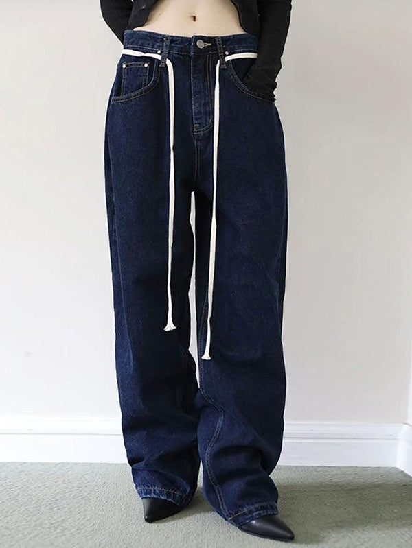 Vintage Solid Color Tie Loose Straight-Leg Jeans