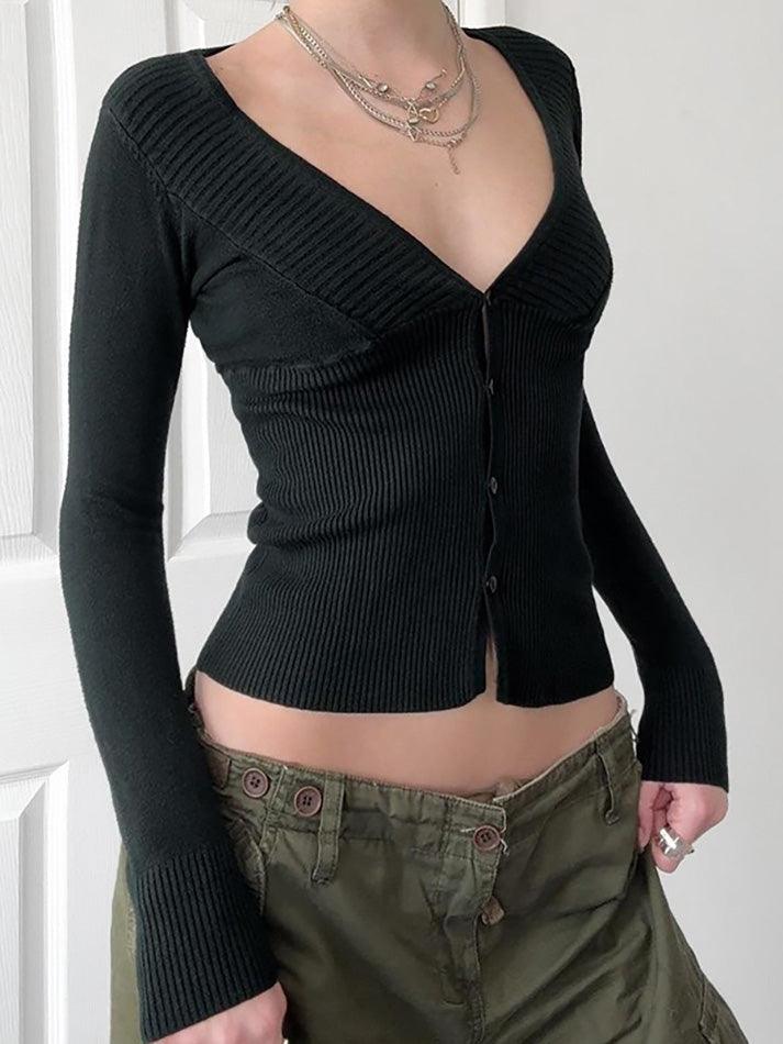 Solid V-Neck Single Button Knit Long Sleeve Top