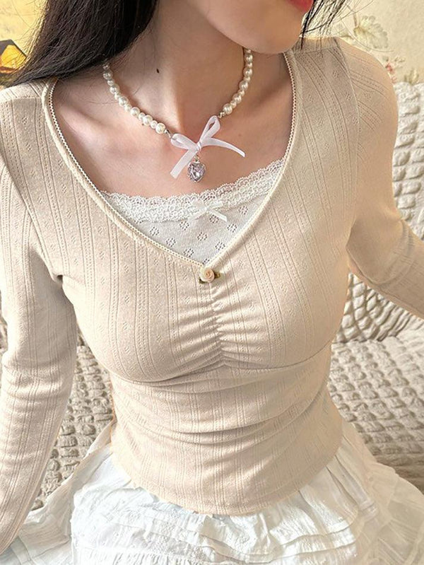 Long Sleeve V-Neck Lace Trim Tee