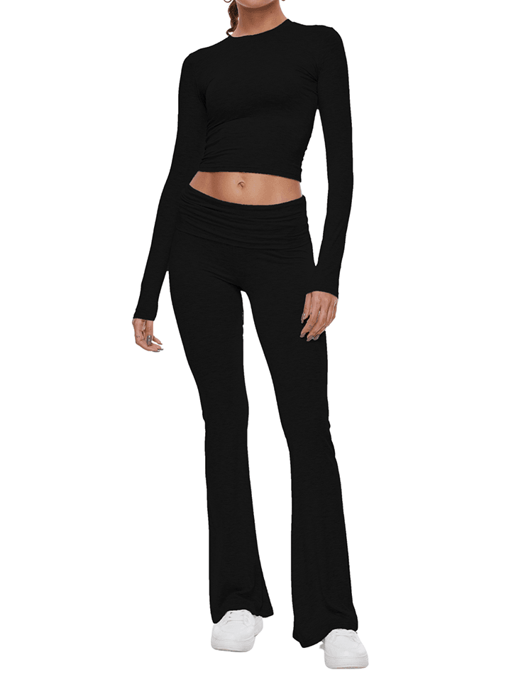 Long Sleeve Cropped Top Fold-over Flare Pants Set - AnotherChill