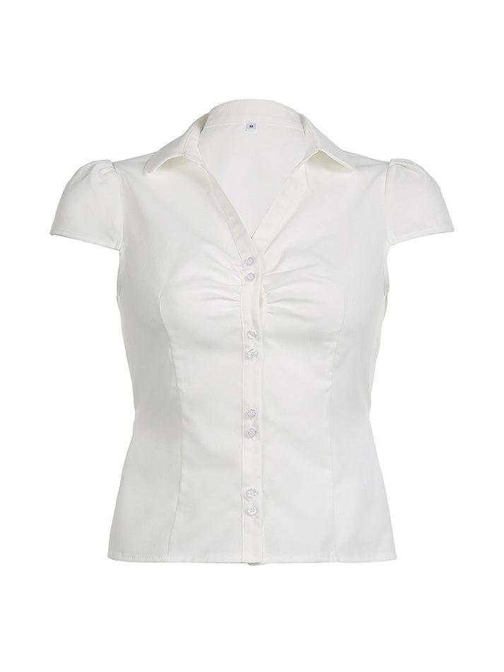 Short Sleeve V-Neck Plain Ruched Shirt - AnotherChill