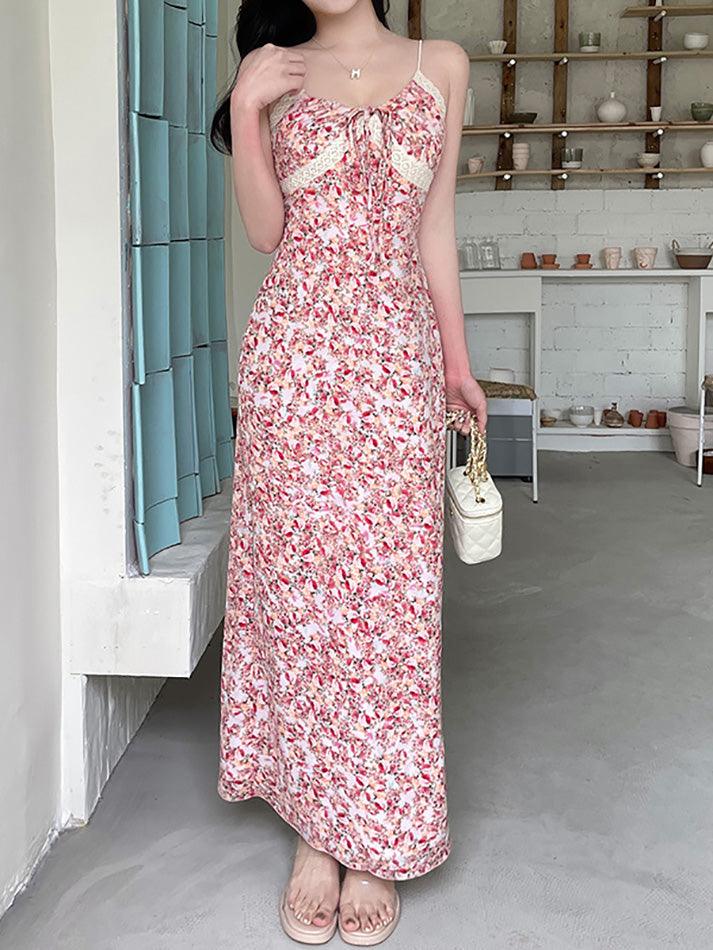 Floral Print Tie Front Maxi A-Line Dress - AnotherChill